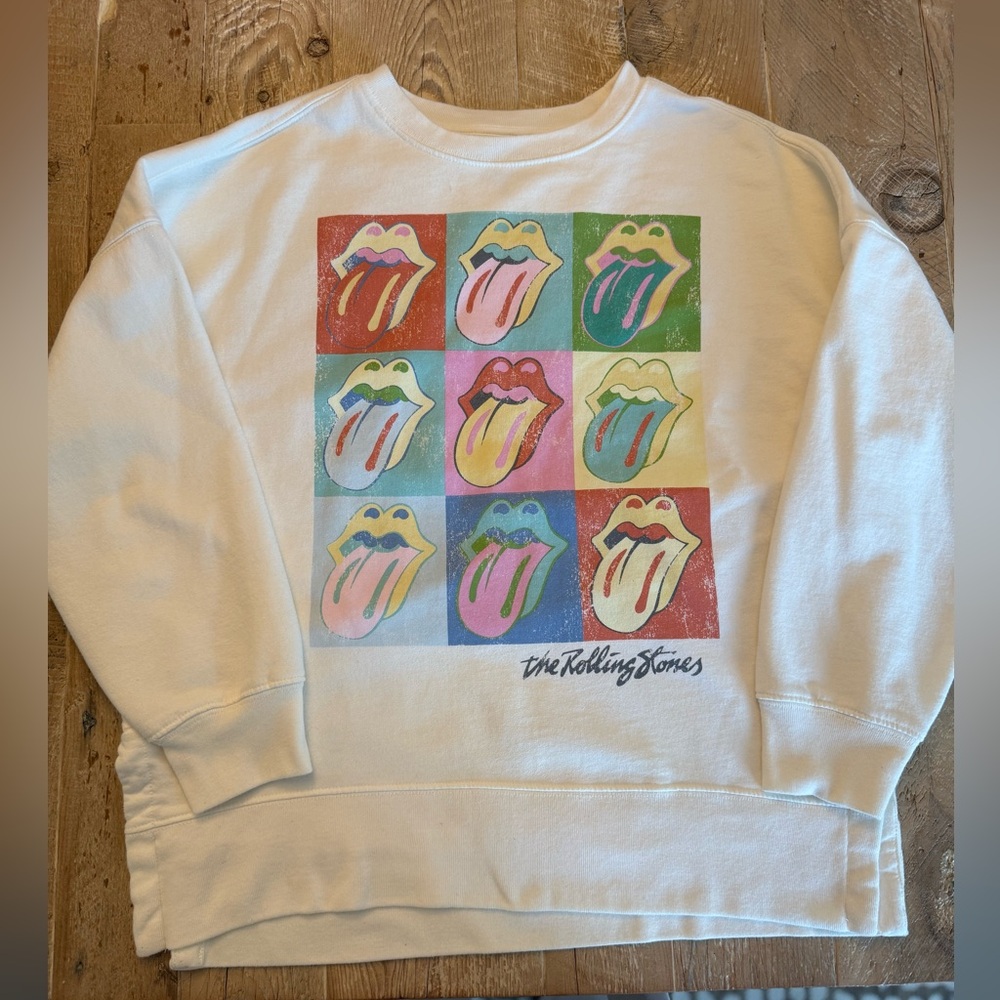 the Rolling Stones Cream Sweatshirt with Multi-Color Pop Art Tongue Graphic M